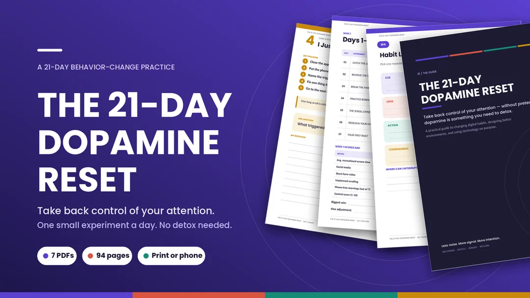 The 21-Day Dopamine Reset cover: 7 PDFs, 94 pages, print or phone